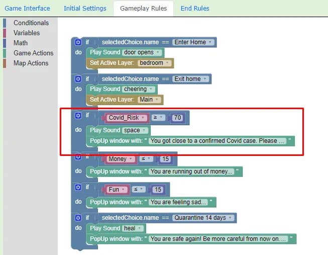 Example of gameplay rules code - Covid Survival Game