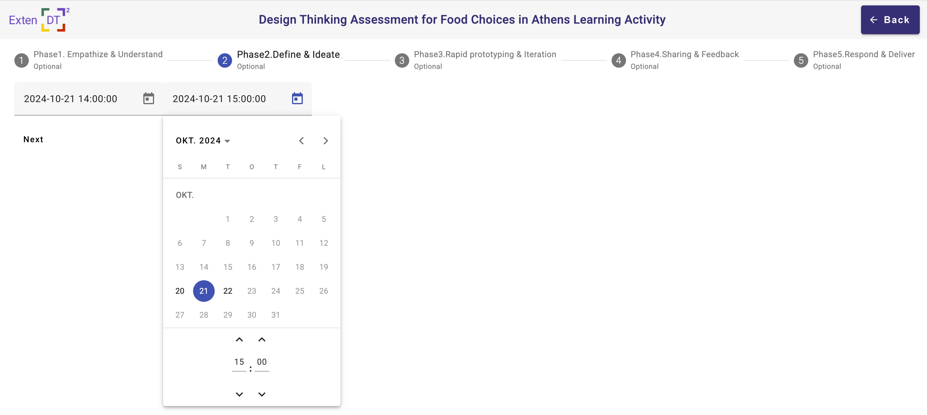 DT phases time setting page